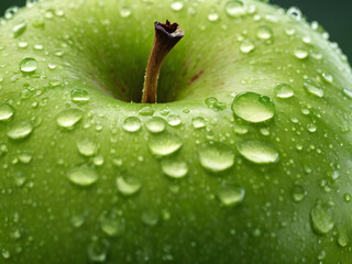 Creative fruits composition. Close up of Beautiful green whole apple glistering with dew water droplet.