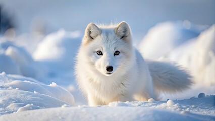 Naklejka premium Playful and fluffy arctic fox playing in the snow, arctic, fox, playful, winter, snow, cold, wildlife, nature, fluffy, cute, wild