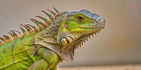 Fototapeta premium Vivid green iguana with textured skin and spiky dorsal scales , wildlife, iguana, reptile, green, texture, scales, nature