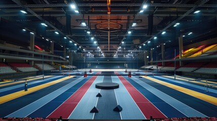 Gymnastics arena in Paris, fully equipped and ready for the Olympics, with no people present.