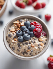 A bowl of overnight oats topped with fresh berries, chia seeds, and almond butter on a white background
