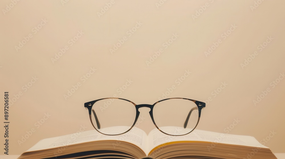 Fototapete Eyeglasses with black frames are resting on an open book against a minimalist background. Generative AI