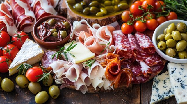 Italian antipasto platter with cured meats, cheeses, and olives, set on a rustic table.