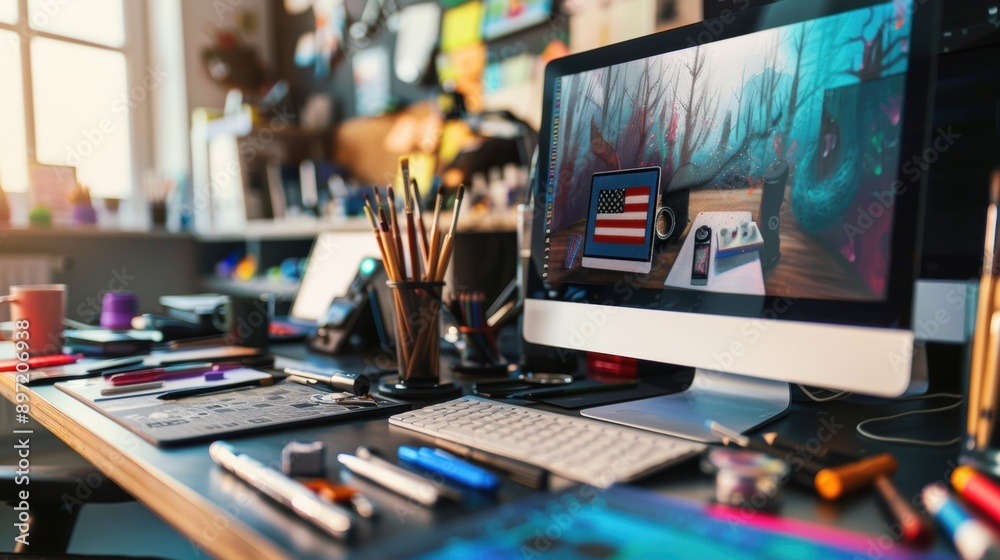Fototapete graphic designer is working in his office, with a computer displaying an american flag on the screen