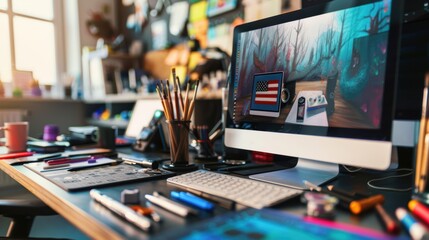 Graphic designer is working in his office, with a computer displaying an american flag on the screen