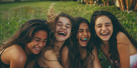 Fototapeta premium BFF Bonding: Four teenage girls laughing together on a grassy lawn