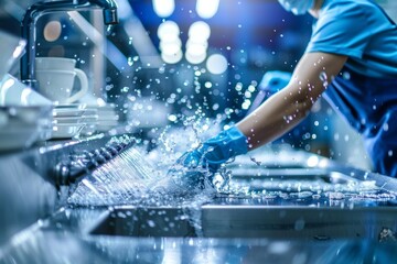 Dramatic close-up of water splashing during dishwashing in blue-lit commercial kitchen.