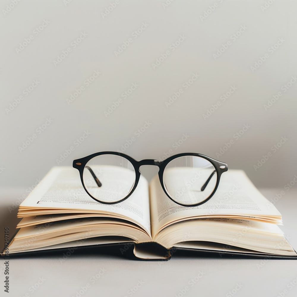 Poster a pair of eyeglasses rests on top of an open book, against a simple, minimalist background. generati