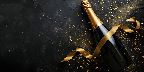 Champagne bottle with a gold ribbon, surrounded by scattered confetti and glitter on a dark background. Celebration or festive concept, top view, banner design with copy space for text