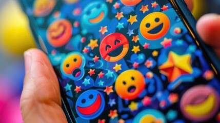 Person holding a smartphone with a vibrant emoji-filled wallpaper in close-up view