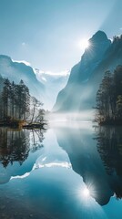 Naklejka premium Misty morning on a serene lake surrounded by mountains