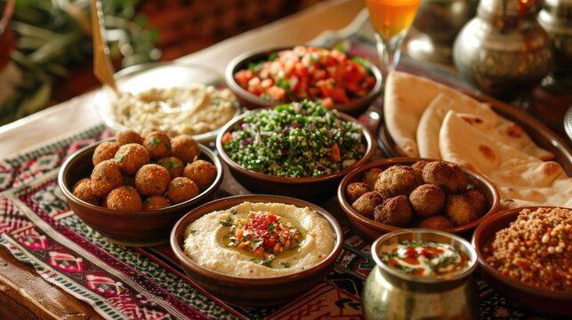 Middle Eastern mezze spread with hummus, falafel, tabbouleh, and pita bread on a decorated table.