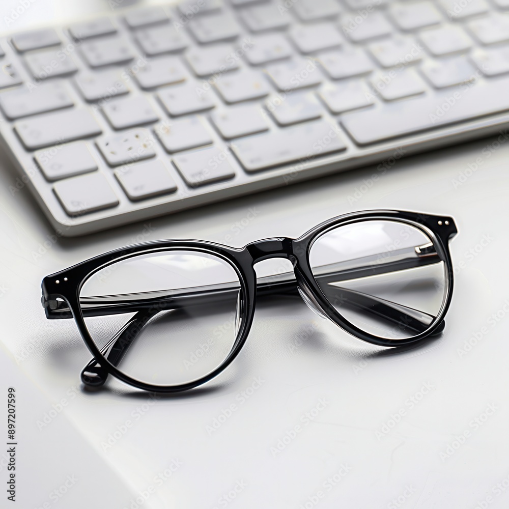 Fototapete a pair of black eyeglasses lie on a white desk surface. the glasses are positioned near a computer k