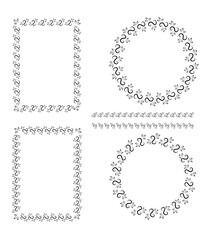 Set of abstractand floral decorative elements: frames and lines. Black line stylish design with dots. Square and round frames.