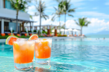Two cocktails with grapefruit slices are resting by a tropical resort pool on a sunny day. Copy space. Summer, tropical, fresh cocktail concept.