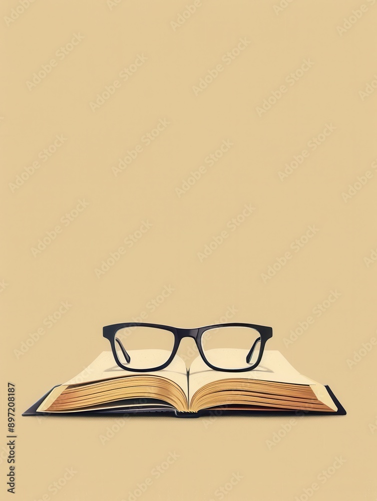 Poster A pair of eyeglasses rest on top of an open book against a plain background. Generative AI