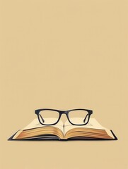 A pair of eyeglasses rest on top of an open book against a plain background. Generative AI