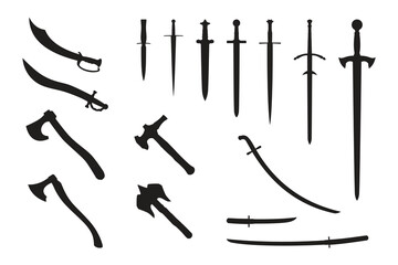 A set of silhouettes of swords, axes, sabers, knives and katanas isolated on a white background.