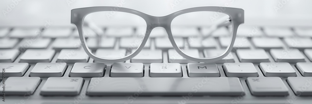 Leinwandbilder a pair of white eyeglasses rest atop a white keyboard, with the keys and background blurred in the d