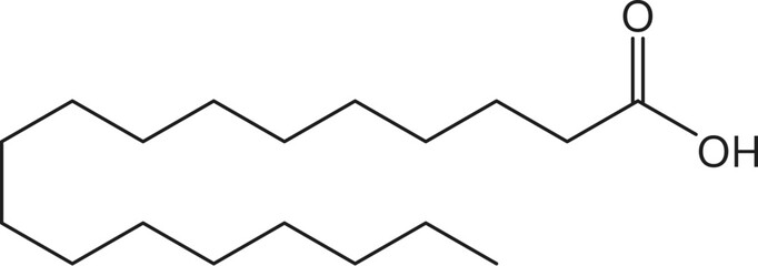 Stearic acid chemical molecule structure and molecular chain formula, vector icon. Stearic fatty acid molecular structure and chain formula for dietary nutrition and pharmaceutical medicine pictogram