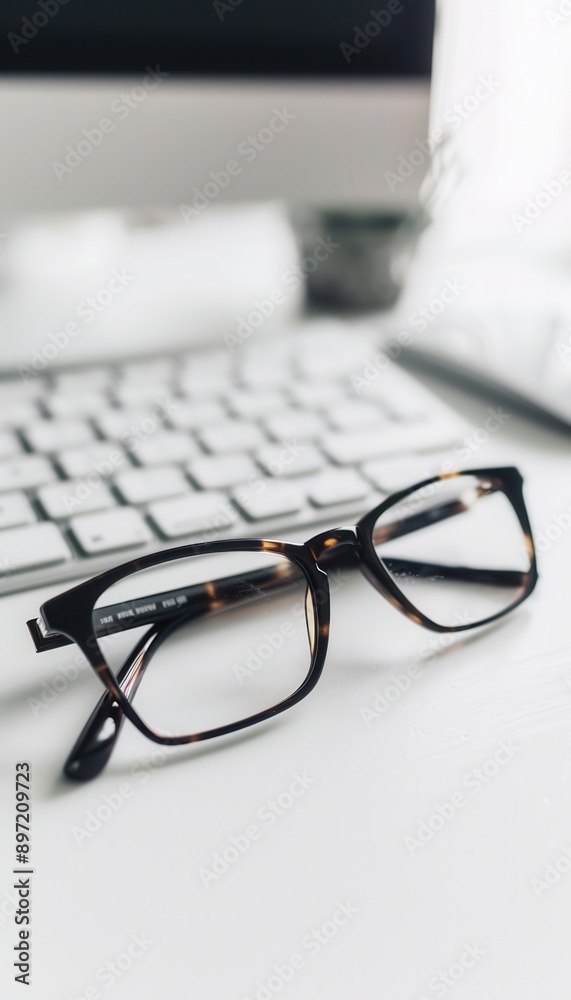 Aufkleber A pair of modern eyeglasses rests on a white desk near a computer keyboard. Generative AI