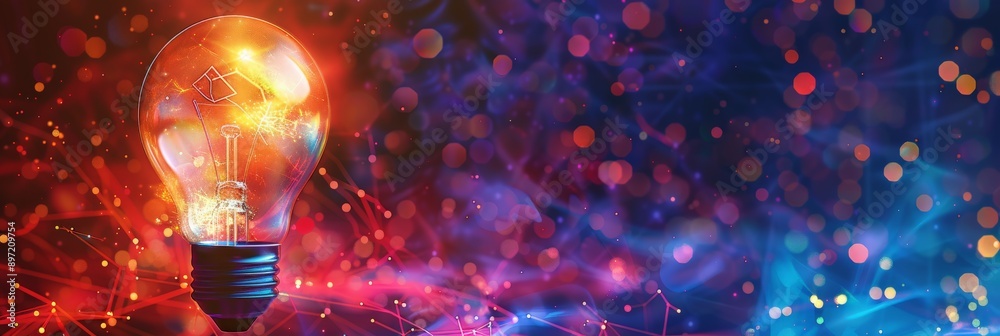 Poster close-up of an abstract light bulb with swirling colors and light trails. creativity and innovation 