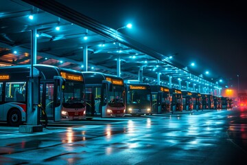 A line of buses parked closely together in a designated area, creating an organized and efficient transportation hub, Fleet of electric buses charging at night in a depot, AI Generated
