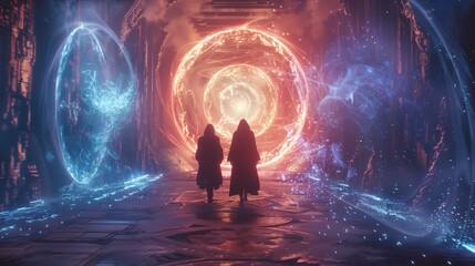 two cloaked figures walking through a mysterious, high-tech corridor towards a series of glowing portals.