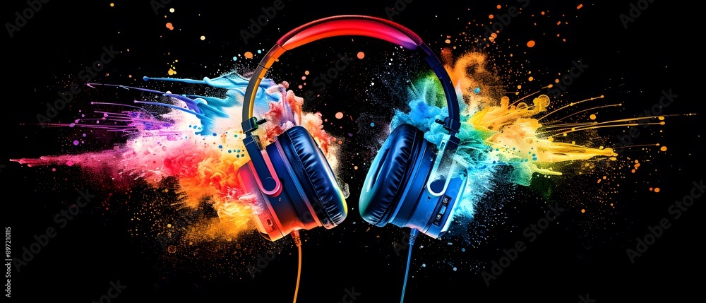 Sticker headphones in a colorful explosion.