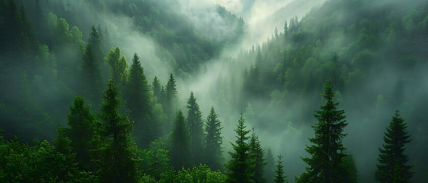 Dense misty forestscape with towering pine trees and enveloping fog creating an ethereal and serene atmosphere in a mountainous region.
