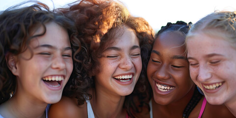 Fototapeta premium Fierce Female: A group of teenage girls laughing together, sharing a confident glance