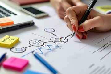 Fototapeta premium A person is seen actively drawing a detailed diagram on a piece of paper, Flowchart showing the process of finance audit, AI Generated