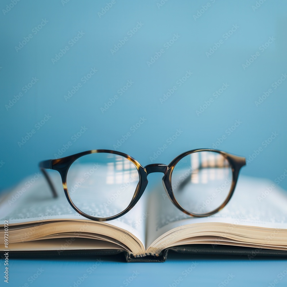 Poster black framed eyeglasses rest on an open book against a minimalist blue background. generative ai