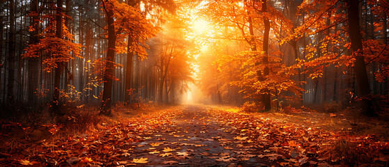 Scenic autumn forest with golden leaves, a sunlit pathway, and a tranquil atmosphere capturing the essence of fall season beauty.