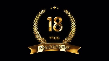 18th Anniversary Celebration. Happy 18 Years Anniversary Animation in Gold Color on the Transparent Background, Alpha Channel. Great for greetings, celebrations, events, and gifts.