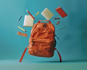 backpack with school supplies on blue background. Education concept. Back to school. school supplies floating in the air