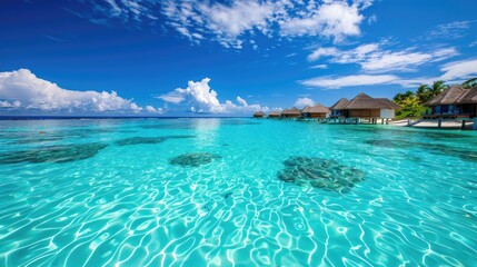 The crystal-clear waters and sandy beaches of the Maldives, with overwater bungalows.