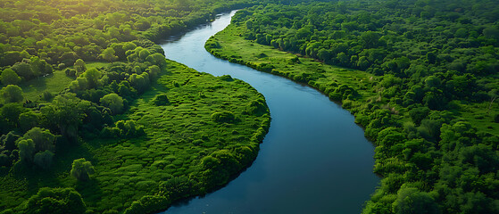 Aerial view of a serene river winding through lush green forest, lit by warm sunlight, showcasing natural beauty and tranquility.