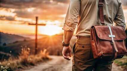 Missionary man with suitcase on his back walking through the field at sunset taking the Word of God