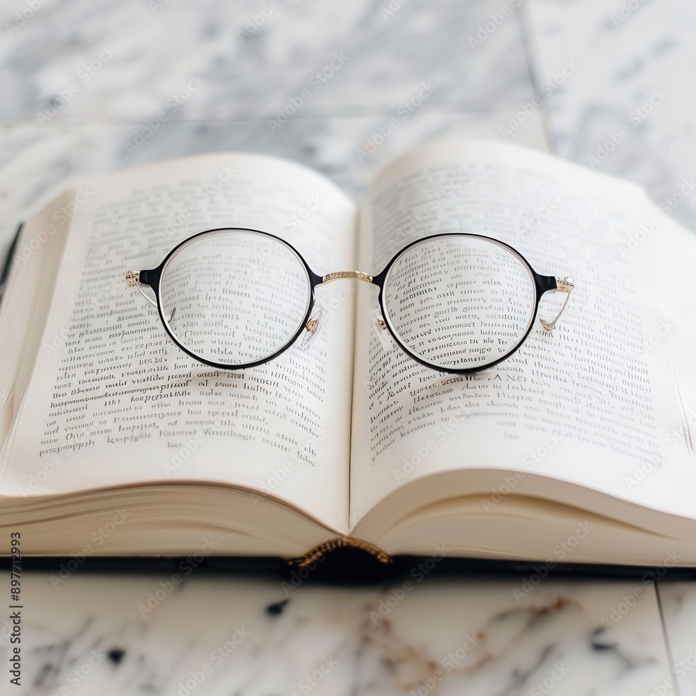 Aufkleber a pair of eyeglasses rests on an open book with white pages and black text, against a white marble b