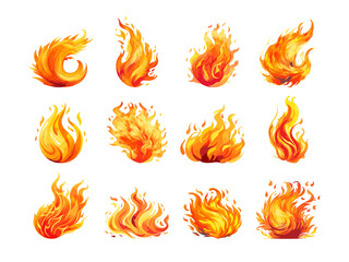 set fire flame vector in cartoon style elements on white background