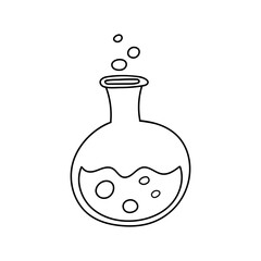 Halloween decoration. An orange potion boiling in a flask. Witch's Magic Potion. Doodle Hand Drawn Illustration