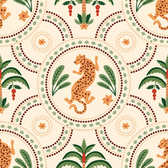 Summer ceramic tile pattern with tropical palm tree, leopard animal, checkered round shapers. Cute vector jungle print, funny beach background, damask ornament, geometric textile design, mosaic safari © Tani Kuzminka