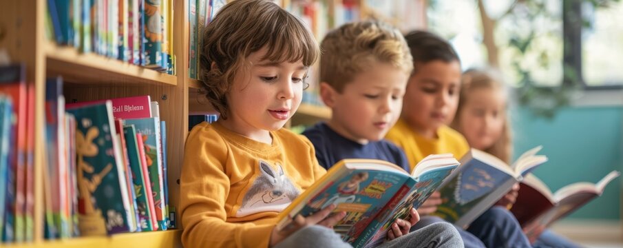 Children reading books in a cozy library corner