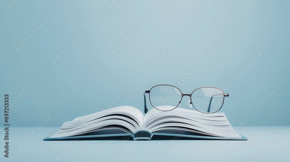 Leinwandbilder an open book with eyeglasses resting on top of it sits on a light blue background. generative ai