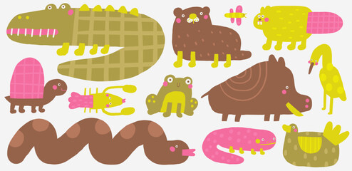 Cute swamp funny hand drawn doodle animals set with salamander, duck, snake, turtle, toad, heron, boar, otter, cancer. Cartoon style nature objects set. Marsh, wetland, backwater, pond lake decorative