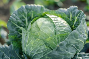 Fototapeta premium Fresh green cabbage is growing in a vegetable garden surrounded by its textured leaves