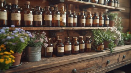 Vintage Apothecary with Wooden Shelves, Glass Bottles, and Herbs