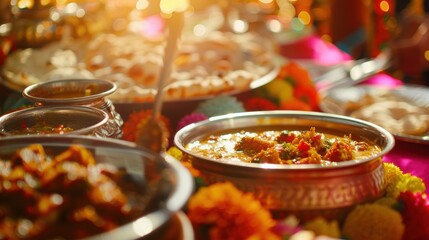 Aromatic indian dishes are served in copper bowls with naan bread during the diwali festival of...