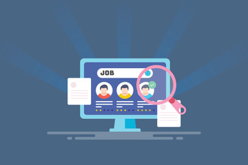 Finding job opportunity online, candidate cv and application, business employee recruitment contacts conceptual vector illustration.